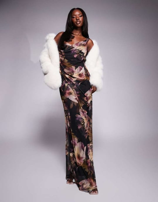 ASOS DESIGN strappy maxi dress with seam detailing in dark moody floral print - Image 1