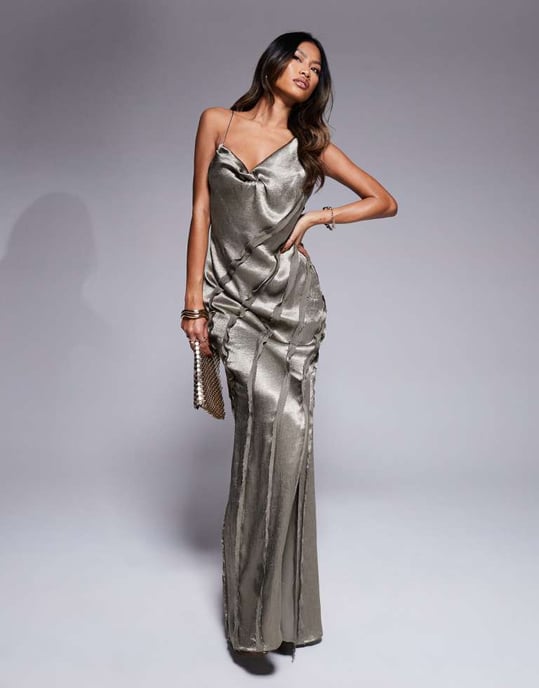 ASOS DESIGN cowl panelled satin maxi dress in mink - Image 4