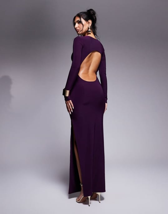 Kaiia exclusive double layered slinky long sleeve open back side split maxi dress in purple - Image 1
