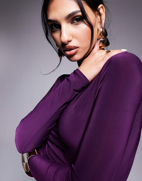 Kaiia exclusive double layered slinky long sleeve open back side split maxi dress in purple - Image 4