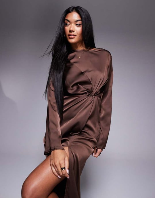 In The Style X Hannah Brown satin twist detail maxi dress in chocolate - Image 3