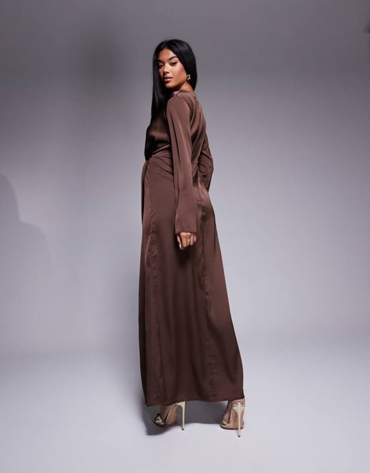 In The Style X Hannah Brown satin twist detail maxi dress in chocolate - Image 4