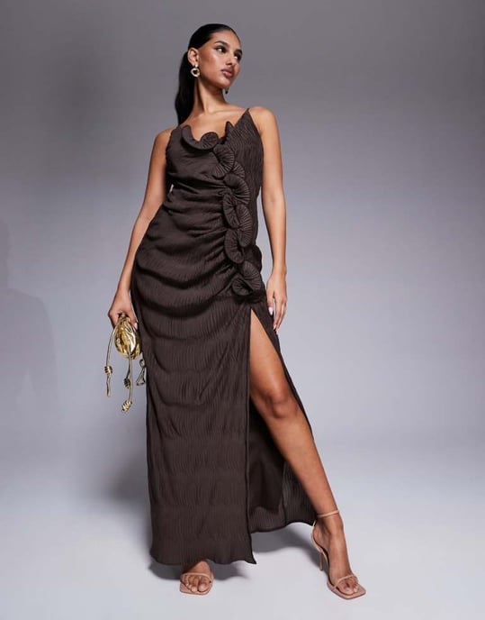ASOS DESIGN plisse cami maxi dress with waterfall corsage ruffle in chocolate brown - Image 1