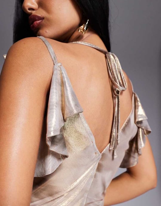 ASOS DESIGN shimmer plunge cowl neck maxi dress with tie detail in neutral floral print - Image 3