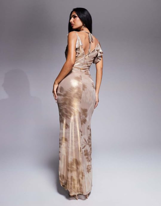 ASOS DESIGN shimmer plunge cowl neck maxi dress with tie detail in neutral floral print - Image 4