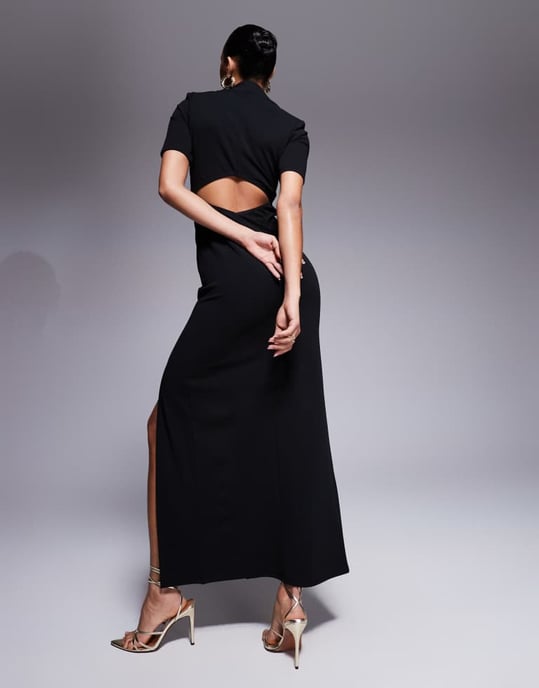 ASOS DESIGN high neck maxi pencil dress large gold buttons in black in scuba-style fabric - Image 4