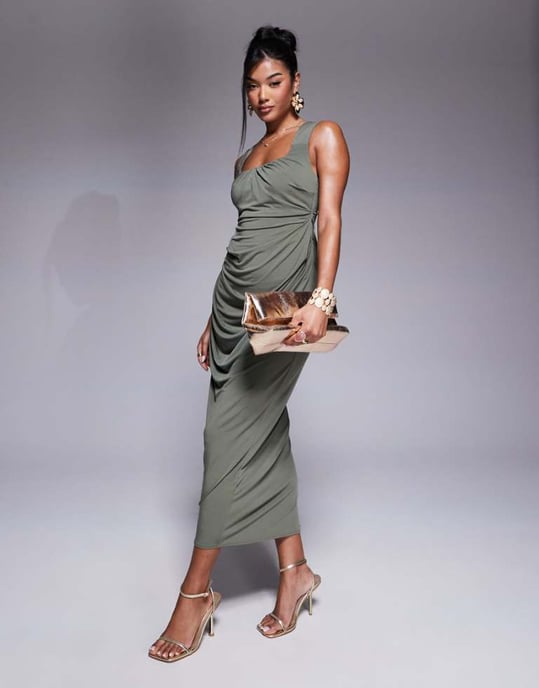 ASOS DESIGN shaped neckline wide strap with draped skirt midi dress in khaki - Image 1
