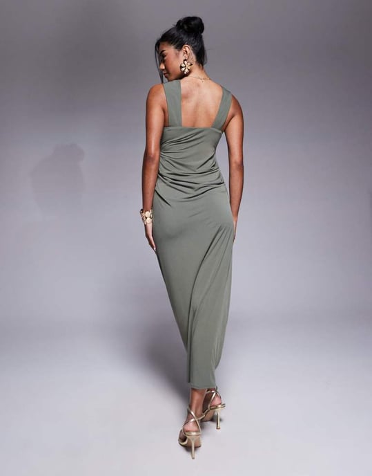 ASOS DESIGN shaped neckline wide strap with draped skirt midi dress in khaki - Image 3