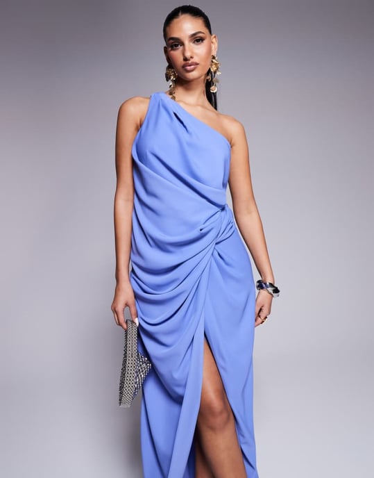 ASOS DESIGN one shoulder draped crepe midaxi dress with split in cornflower blue - Image 2