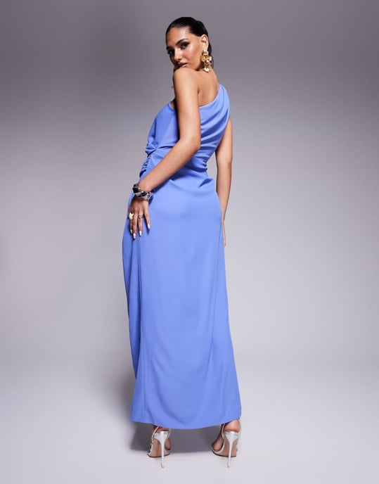 ASOS DESIGN one shoulder draped crepe midaxi dress with split in cornflower blue - Image 3