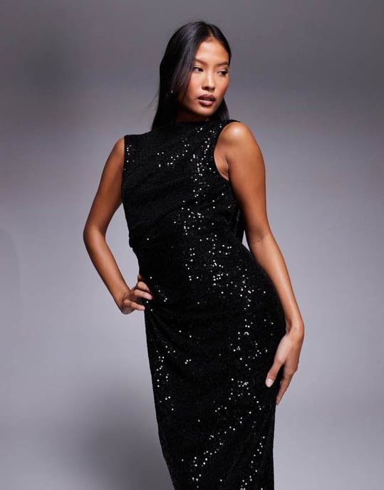 ASOS DESIGN Petite sequin high neck midi dress with asymmetric cowl back in black - Image 2