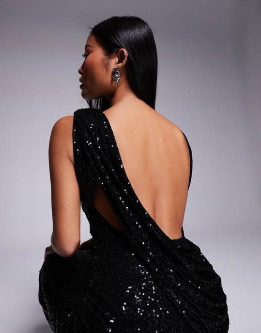 ASOS DESIGN Petite sequin high neck midi dress with asymmetric cowl back in black - Image 3