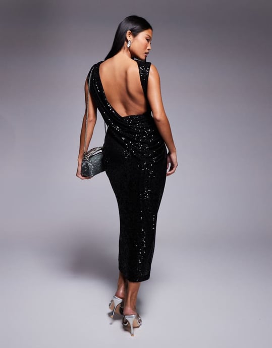 ASOS DESIGN Petite sequin high neck midi dress with asymmetric cowl back in black - Image 4