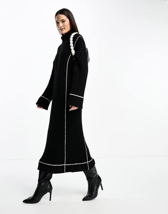 YAS high neck knitted jumper midi dress in black with contrast stitch - Image 2