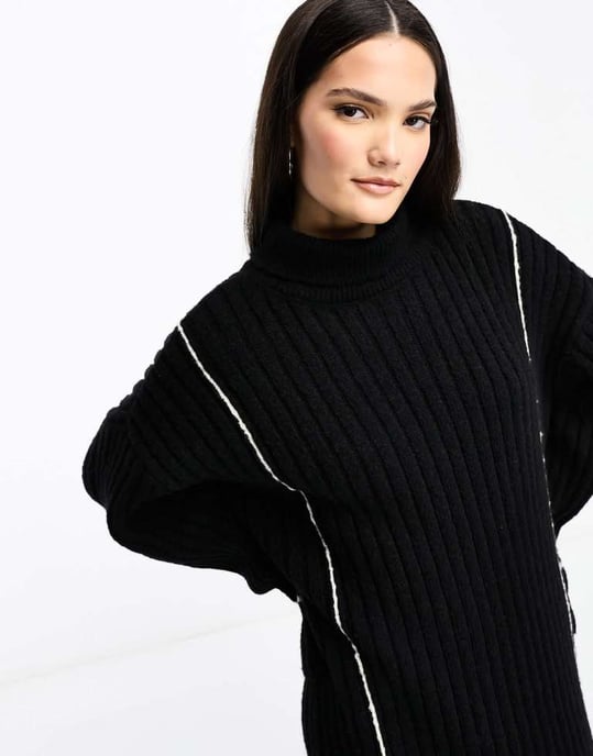 YAS high neck knitted jumper midi dress in black with contrast stitch - Image 3
