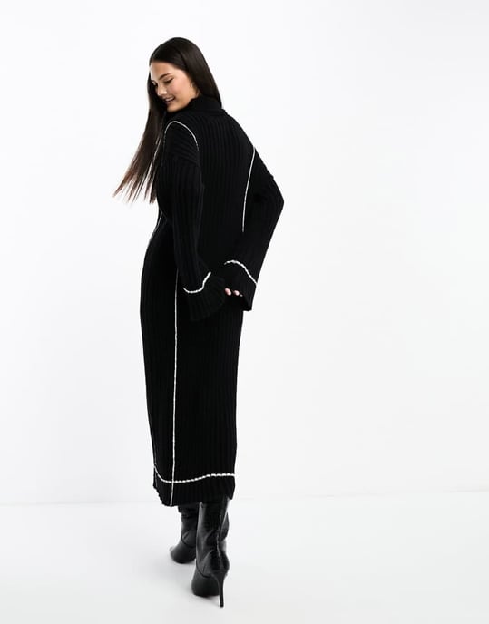 YAS high neck knitted jumper midi dress in black with contrast stitch - Image 4