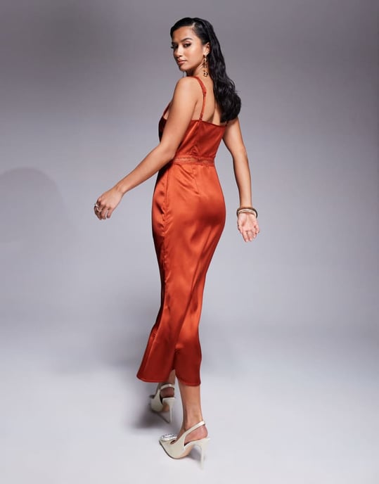 Never Fully Dressed Petite Mimi lace cut-out slip midaxi dress in rust - Image 4