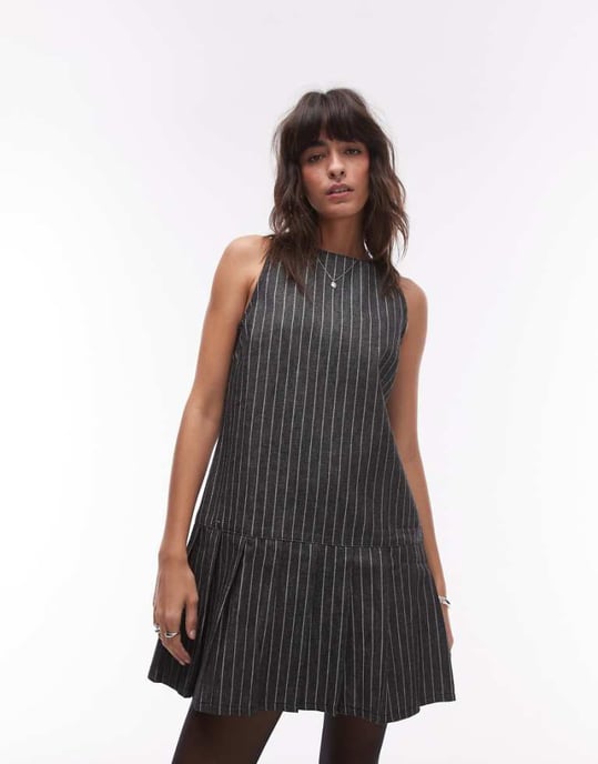 Topshop denim pleated dress in black stripe - Image 1