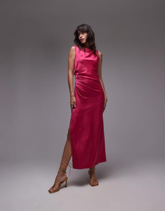 Topshop knot shoulder pintuck waist satin midi dress in pink - Image 1