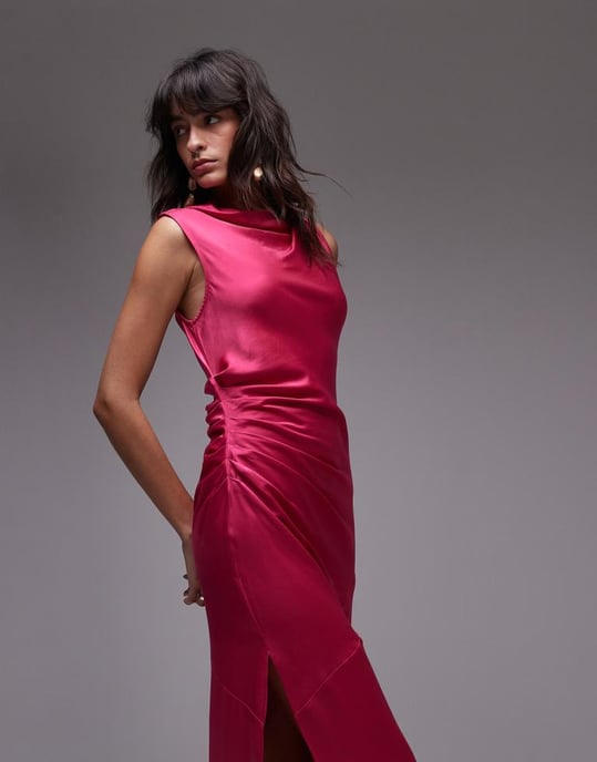 Topshop knot shoulder pintuck waist satin midi dress in pink - Image 2