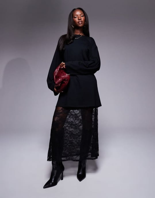 ASOS DESIGN 2 in 1 T-shirt with lace midi dress skirt - BLACK - Image 1