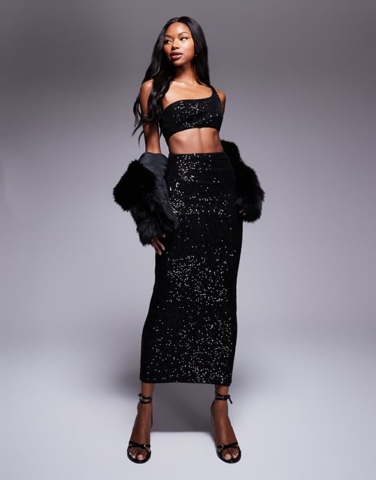 ASOS DESIGN sequin one shoulder faux-ord midi dress in black - Image 2
