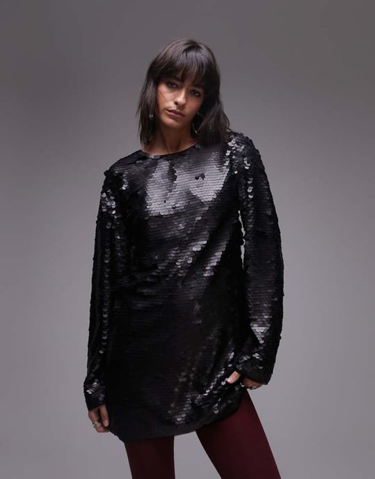 Topshop long sleeve mini sequin dress in black - Image 1
