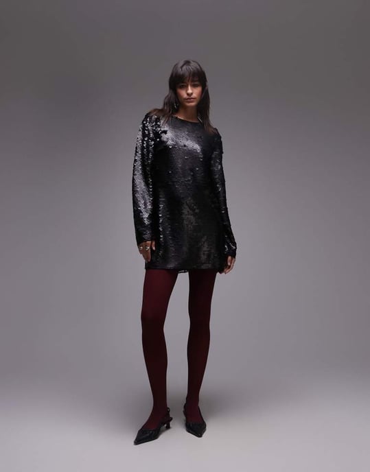 Topshop long sleeve mini sequin dress in black - Image 2