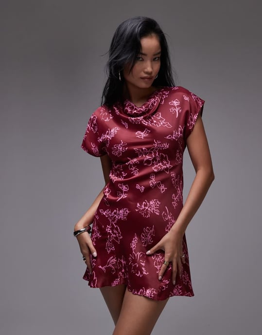 Topshop ruched side grown on shoulder mini dress red print - Image 2