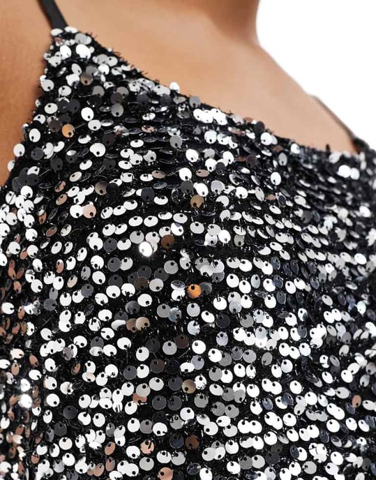 Pieces sequin scoop cami mini dress in black and silver - Image 3