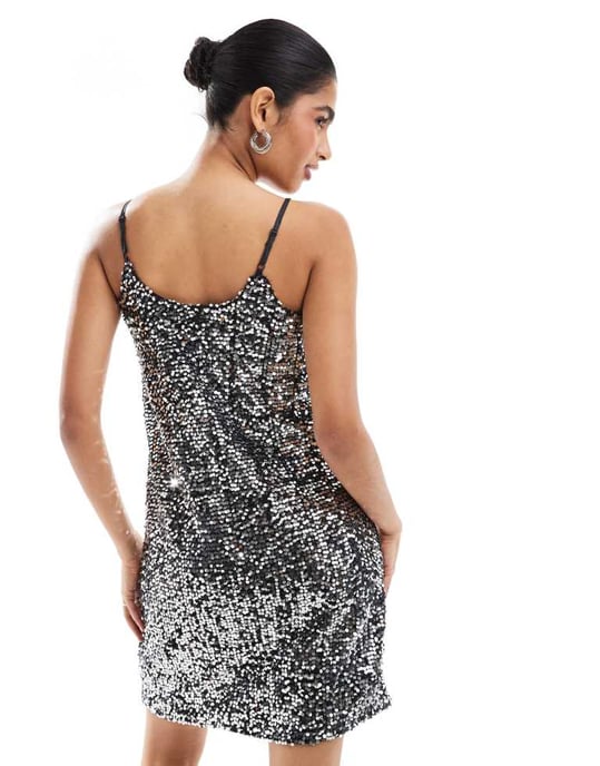 Pieces sequin scoop cami mini dress in black and silver - Image 4