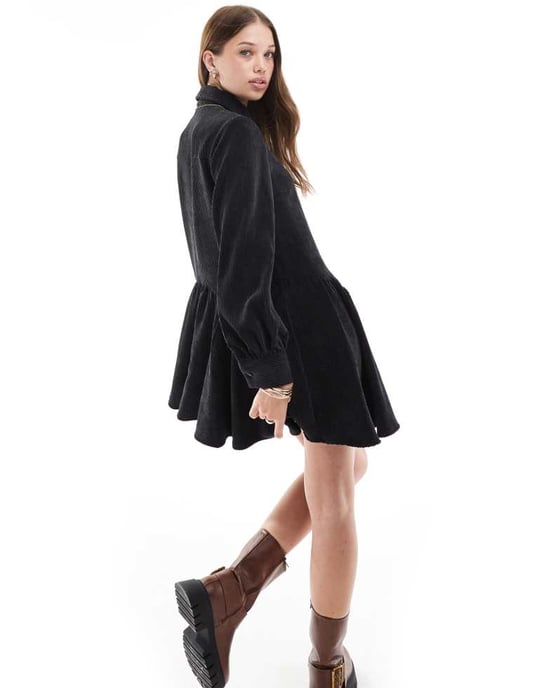 ASOS DESIGN cord smock mini dress with peplum hem in black - Image 3