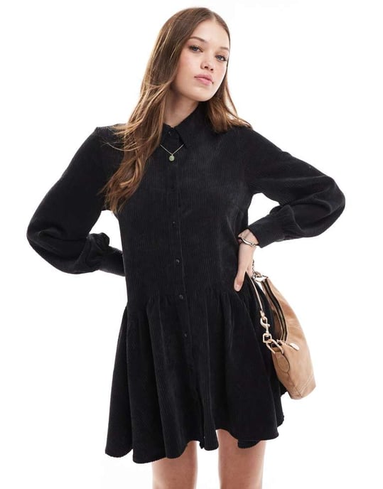 ASOS DESIGN cord smock mini dress with peplum hem in black - Image 4