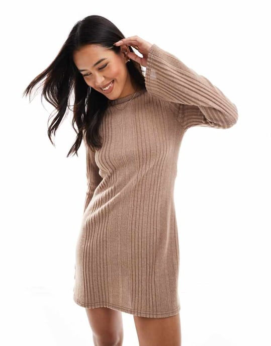 Miss Selfridge brushed rib flare long sleeve mini dress - Image 1