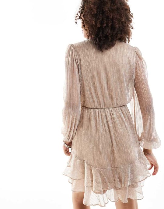 Forever New metallic plisse mini dress in champagne - Image 3