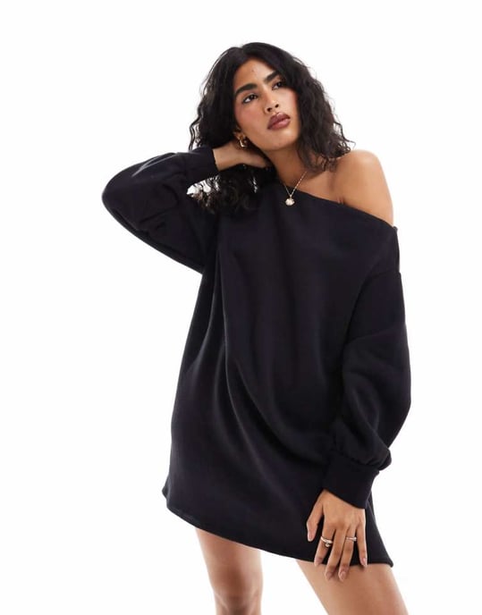 ASOS DESIGN asym sweat mini dress in black - Image 1