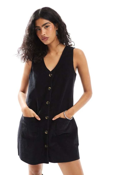 Nobody's Child Claudette v neck cord pinny dress in black - Image 1