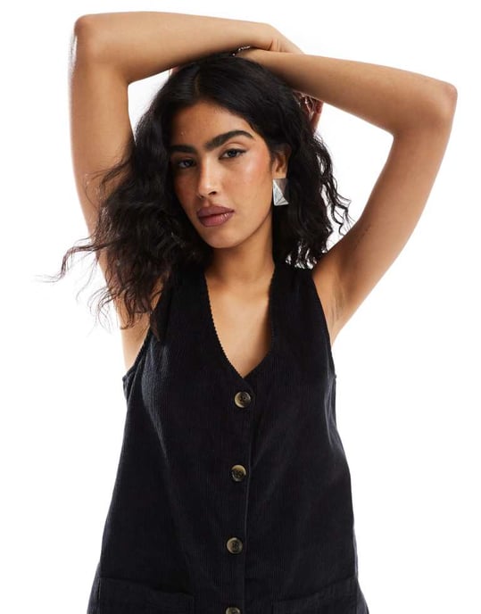 Nobody's Child Claudette v neck cord pinny dress in black - Image 4