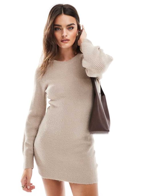 Miss Selfridge crew neck puff sleeve knitted mini dress in oatmeal - Image 2