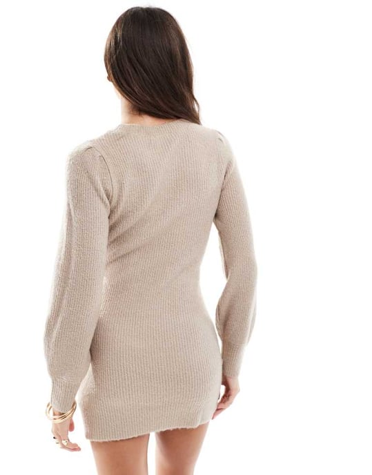 Miss Selfridge crew neck puff sleeve knitted mini dress in oatmeal - Image 4