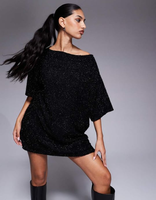 ASOS DESIGN sparkly T shirt mini dress in black - Image 1