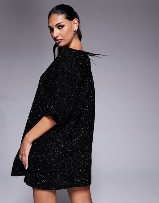 ASOS DESIGN sparkly T shirt mini dress in black - Image 2