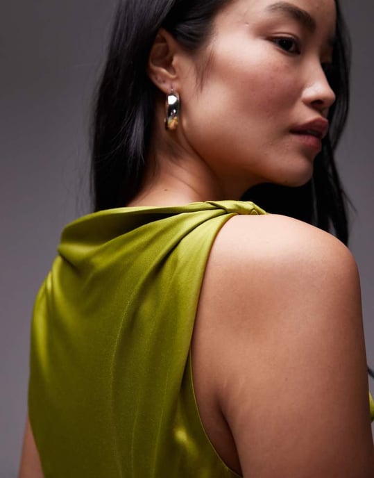 Topshop twist shoulder slip mini dress in olive - Image 3