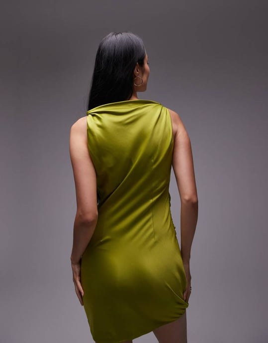 Topshop twist shoulder slip mini dress in olive - Image 4