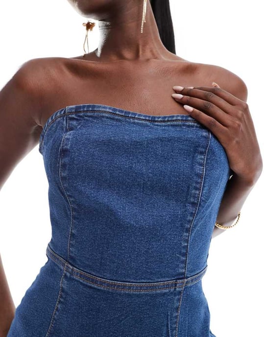 ASOS DESIGN denim bandeau bodycon mini dress in mid blue - Image 2