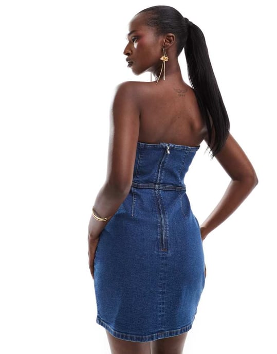 ASOS DESIGN denim bandeau bodycon mini dress in mid blue - Image 4