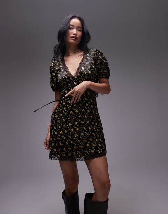 Topshop mini tea dress with lace edge in yellow ditsy - Image 1