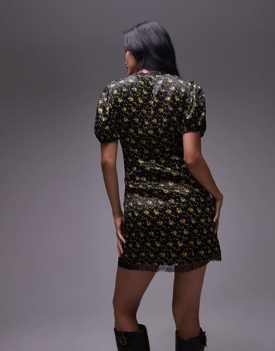 Topshop mini tea dress with lace edge in yellow ditsy - Image 2
