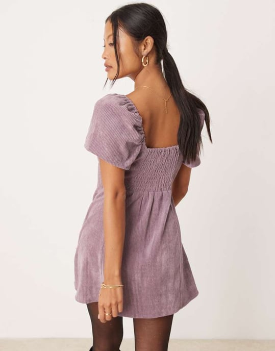 ASOS DESIGN Petite angel sleeve cord tee dress in mauve - Image 4