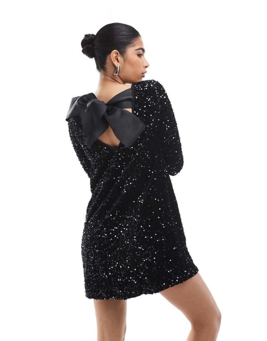 ONLY sequin back detail bow mini dress in black - Image 4